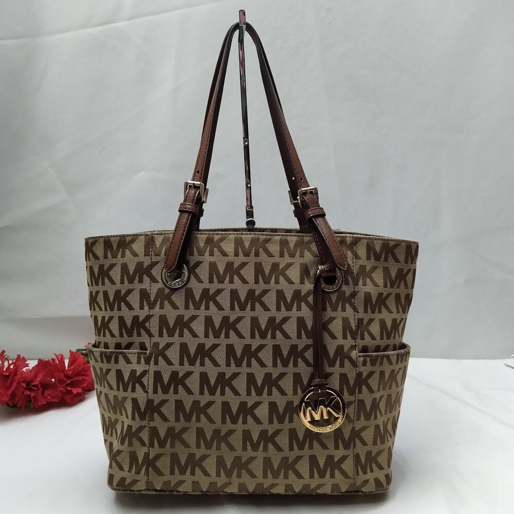 Michael Kors Brown Leather MK Printed Double Handles Tote Bag